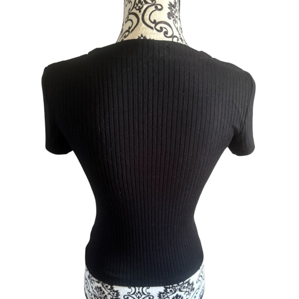 REFORMATION Black Ribbed V-Neck Button Down Top - Picture 3 of 5